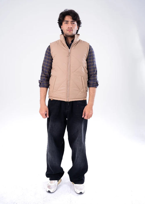 Men's beige quilted bubble jacket, full-zip stand collar, sleeveless outer layer