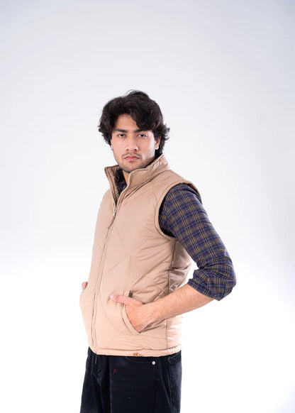 Men's beige quilted bubble jacket with full-zip stand collar, side view