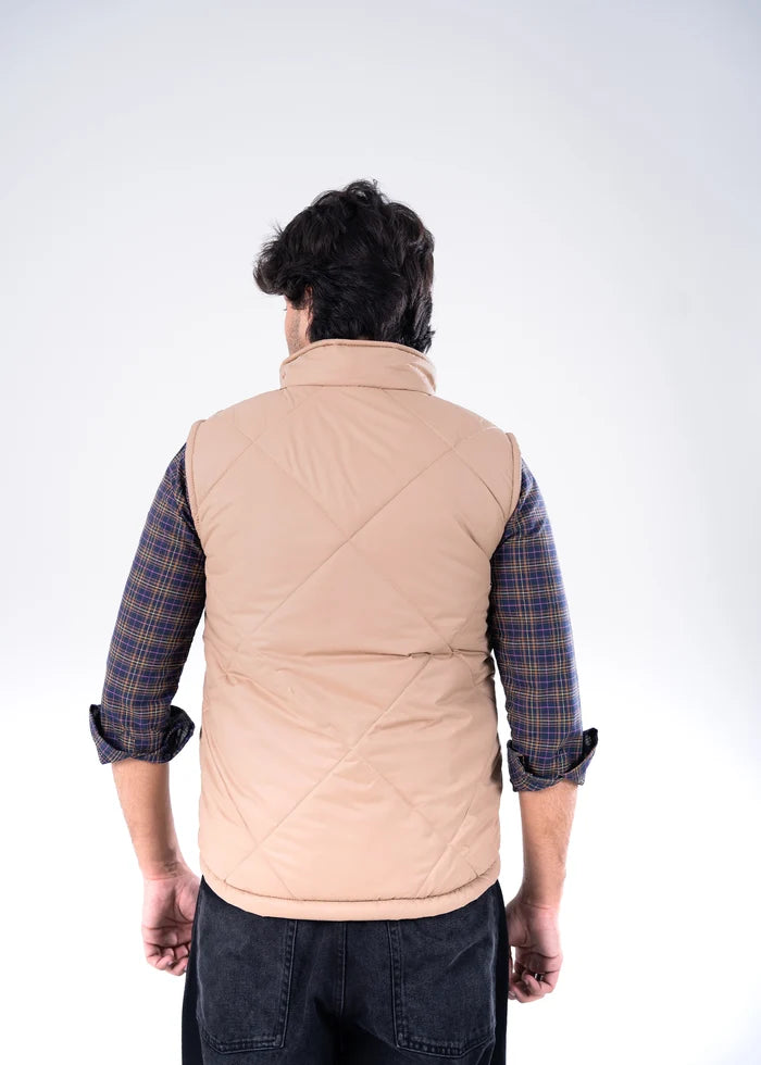 Men's beige quilted bubble jacket, back view with quilted paneling