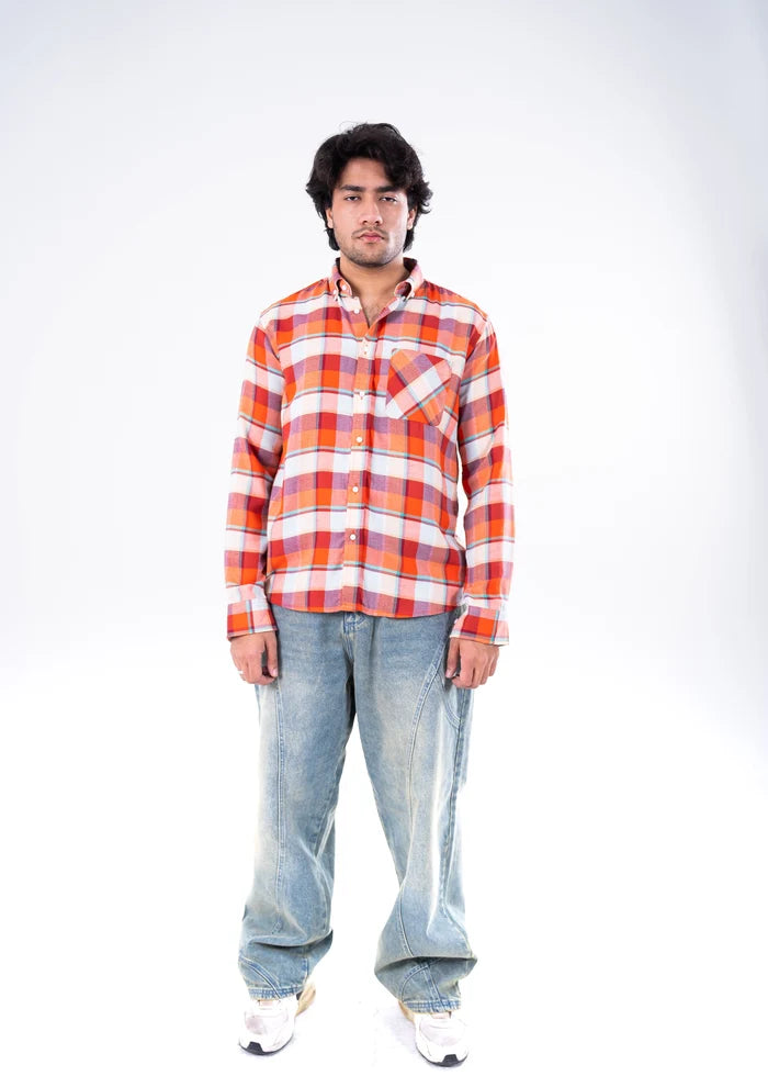 Men's orange plaid button-up shirt with chest pockets, long sleeves, yarn-dyed cotton
