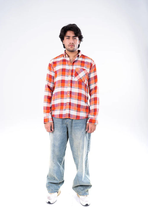 Men's orange plaid button-up shirt with chest pockets, long sleeves, yarn-dyed cotton