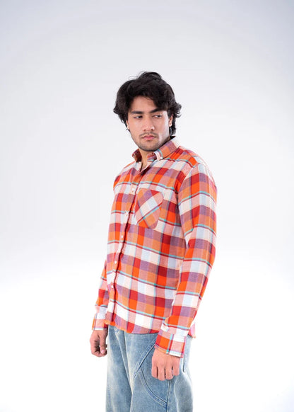 Men's orange plaid button-up shirt, long sleeves, chest pockets