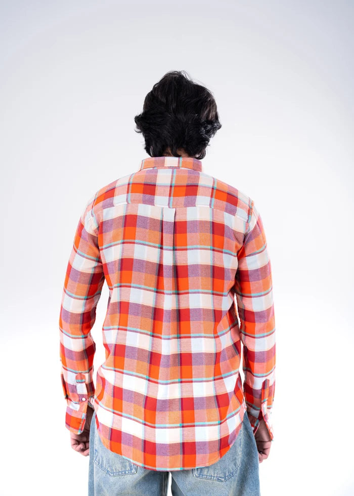 Men's orange plaid button-up shirt back view with yoke, long sleeves