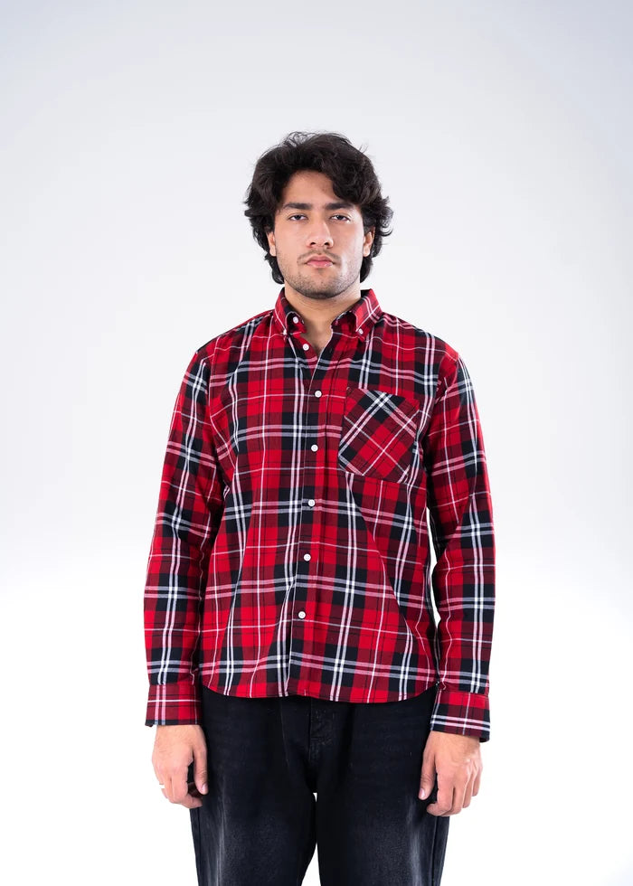 Men's winter casual shirt, red/black/white plaid, button-up, chest pocket visible