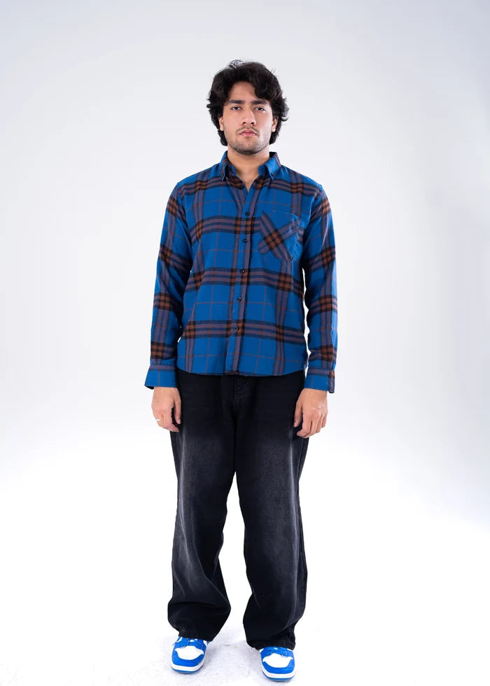 Men's winter casual shirt, blue-and-brown plaid pattern, button front and long sleeves