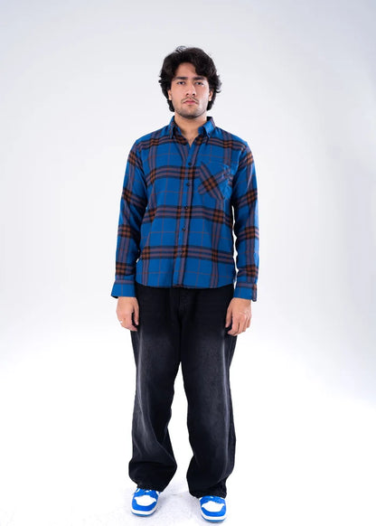 Men's winter casual shirt, blue-and-brown plaid pattern, button front and long sleeves
