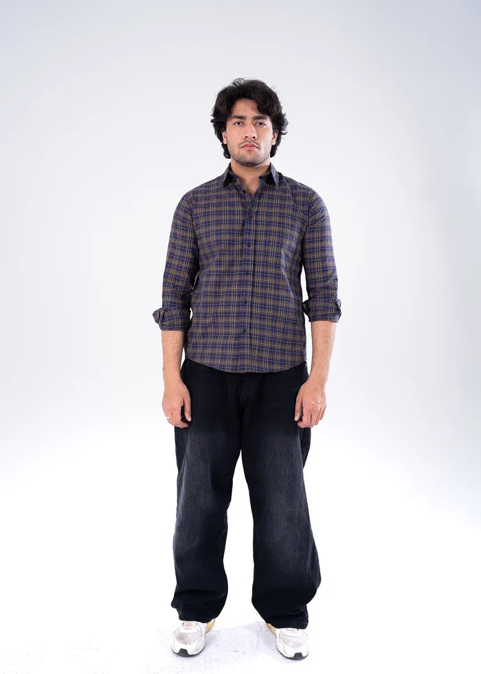 Men's winter casual button-up shirt in blue and brown plaid, long sleeves, collared.