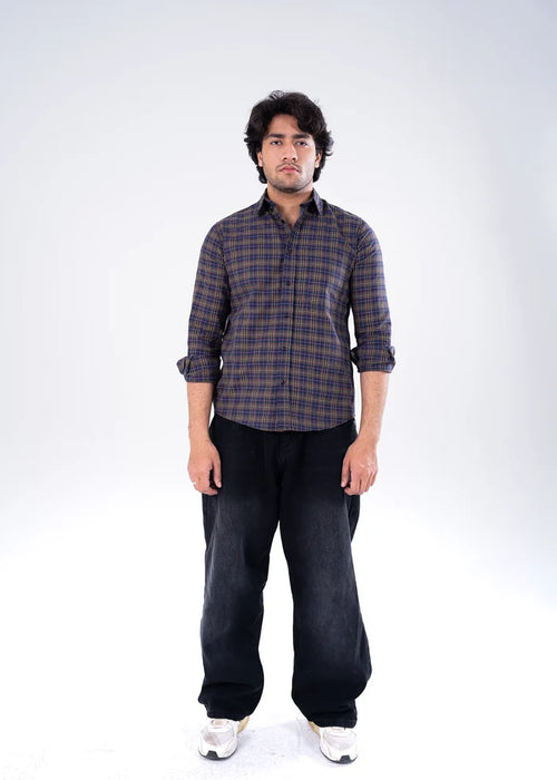Men's winter casual button-up shirt in blue and brown plaid, long sleeves, collared.