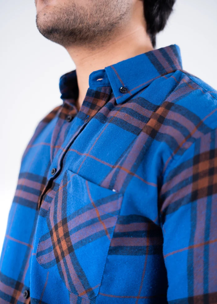 Men's winter casual shirt, blue and brown plaid button-up with long sleeves