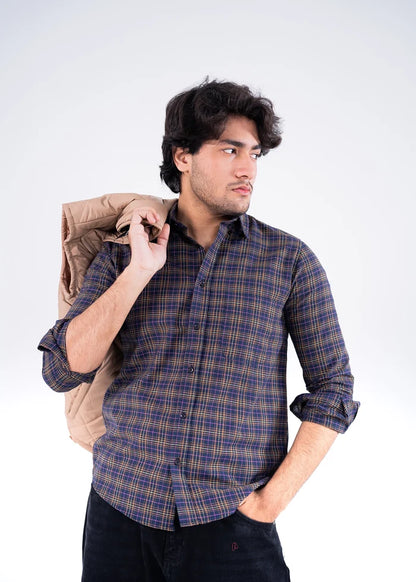 Men's winter casual button-up shirt, blue and brown plaid, collar and cuff detail.
