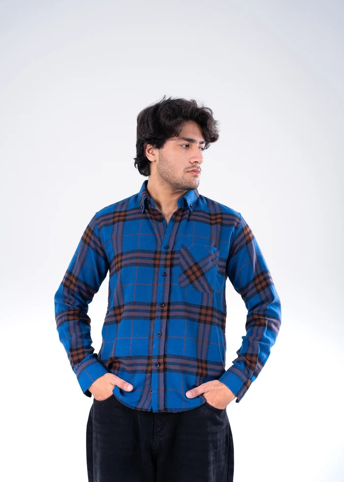 Men's winter casual shirt, blue and brown plaid with buttoned chest pockets