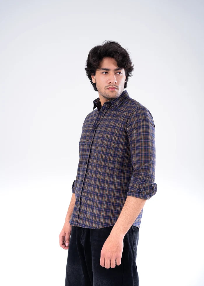 Men's winter casual button-up shirt, blue and brown plaid, side view with long sleeves.