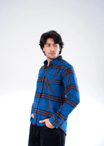 Men's winter casual shirt, blue and brown plaid button-up, side view