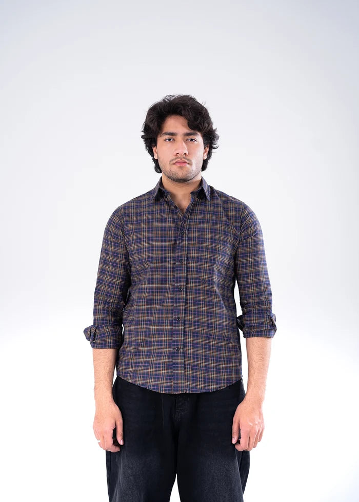 Men's winter casual button-up shirt in blue and brown plaid, front view, long sleeves.
