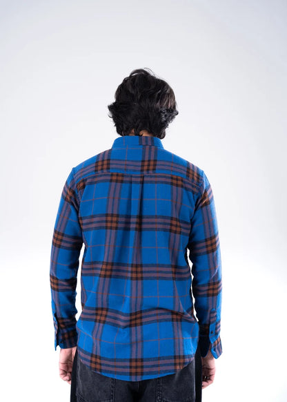 Men's winter casual shirt, blue and brown plaid, back view with yoke detail