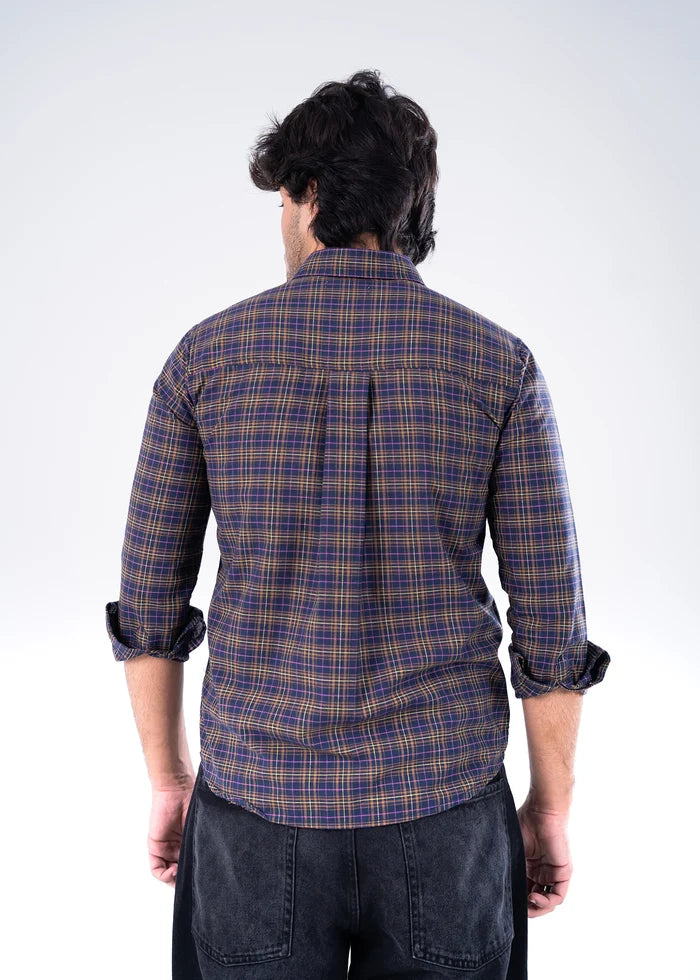 Men's winter casual button-up shirt, blue-brown plaid, back view with long sleeves.