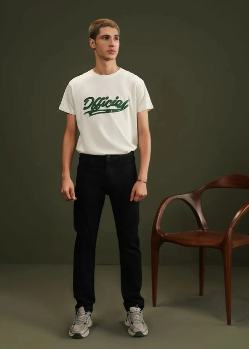 Black men's winter chino pants with straight fit, belt loops, and front button closure.