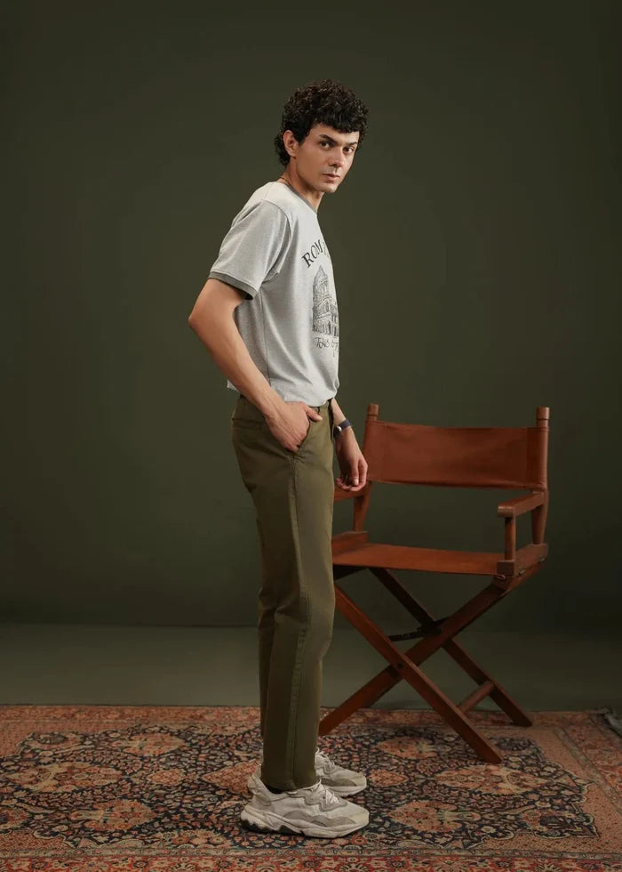 Olive winter chino pants, straight-leg front view with front pockets and belt loops