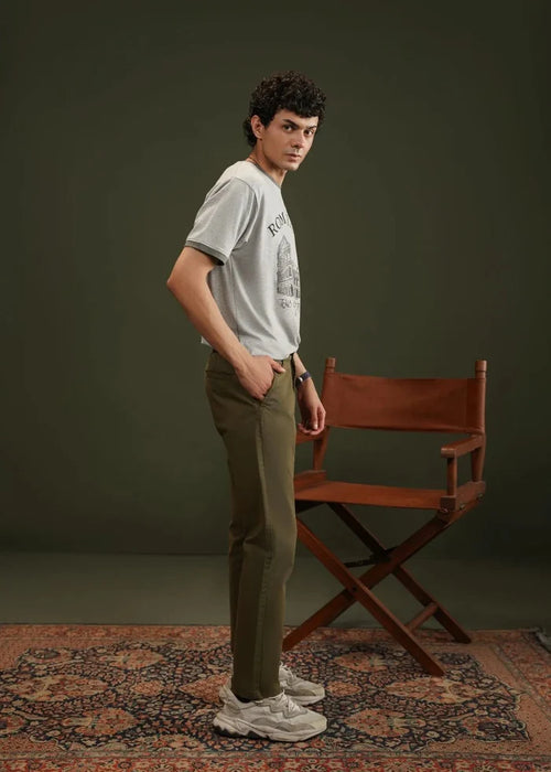 Olive winter chino pants, straight-leg front view with front pockets and belt loops