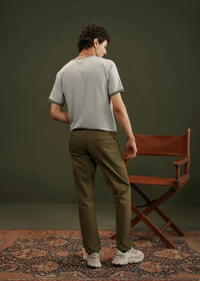 Men's olive winter chino pants, straight fit with back view and belt loops
