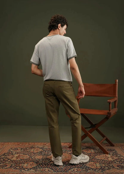 Men's olive winter chino pants, straight fit with back view and belt loops