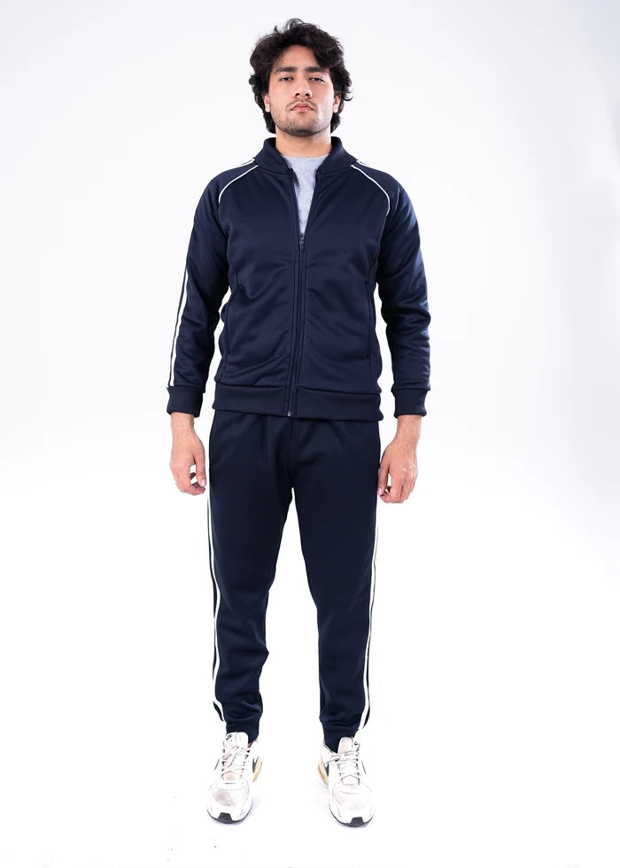 Navy men's zip-front jogging tracksuit with white side stripes and ribbed cuffs
