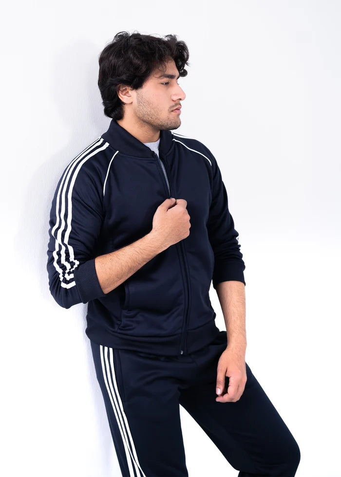 Navy men's zip-front jacket and matching joggers with white side stripes