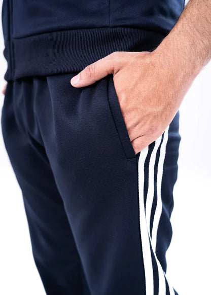 Navy jogger pants with white side stripes and front pocket detail