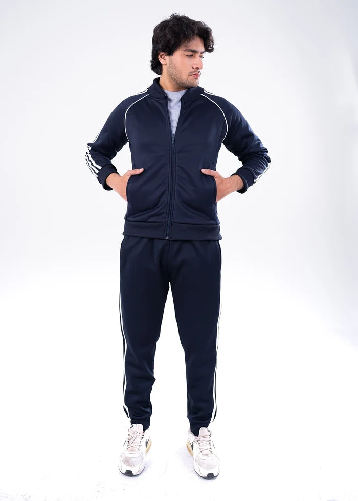 Navy men's zip jogging tracksuit set with white sleeve stripes and striped pant legs