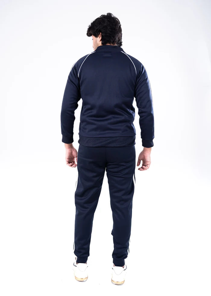 Navy men's back view jogging tracksuit with white-striped pants and zip jacket