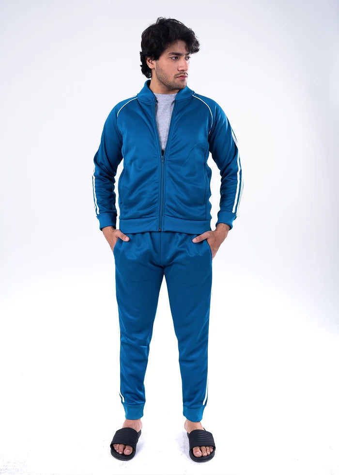 Men's blue tracksuit set: zip-up hooded jacket and jogger pants with white side stripes