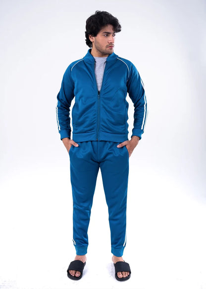 Men's blue tracksuit set: zip-up hooded jacket and jogger pants with white side stripes
