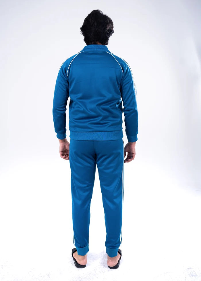 Men's blue tracksuit set, back view: zip-up hooded jacket and jogger pants with white stripes