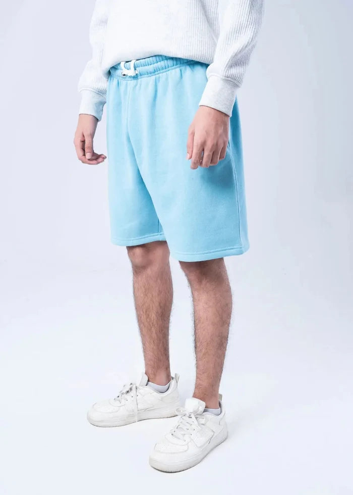Men's sky blue fleece shorts with elastic waistband and side pockets
