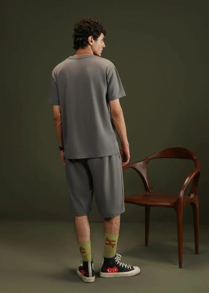 Men's charcoal grey knitted casual shorts, knee-length with elastic waistband