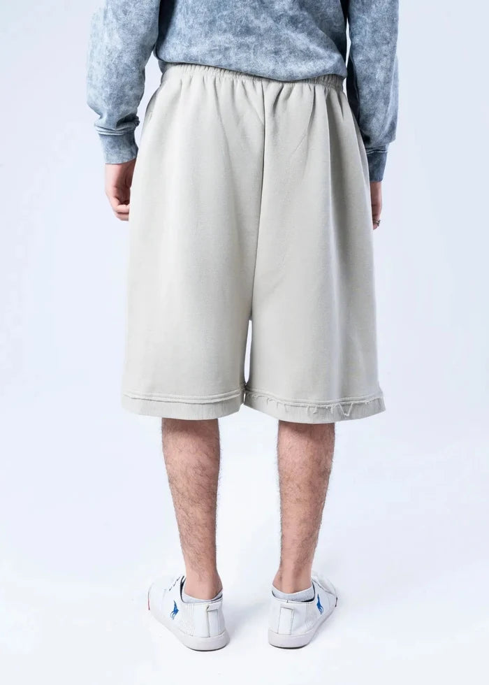 Men's casual knit shorts with elastic waistband, light beige, knee length