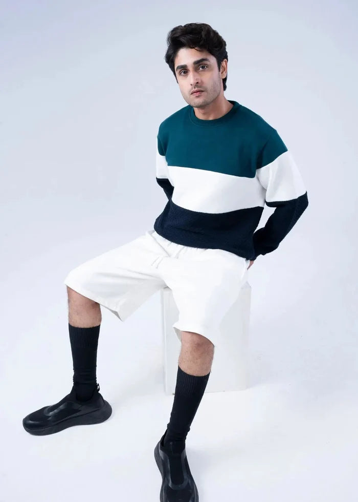 Men's fleece casual shorts, white, mid-thigh length with drawstring