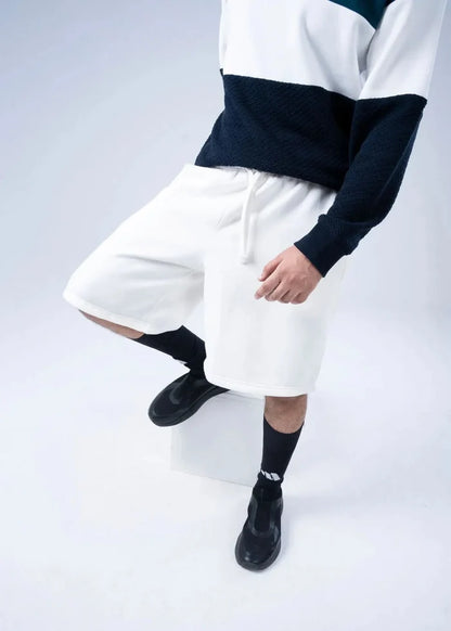 Men's fleece casual shorts, white, loose fit with drawstring waist and hem