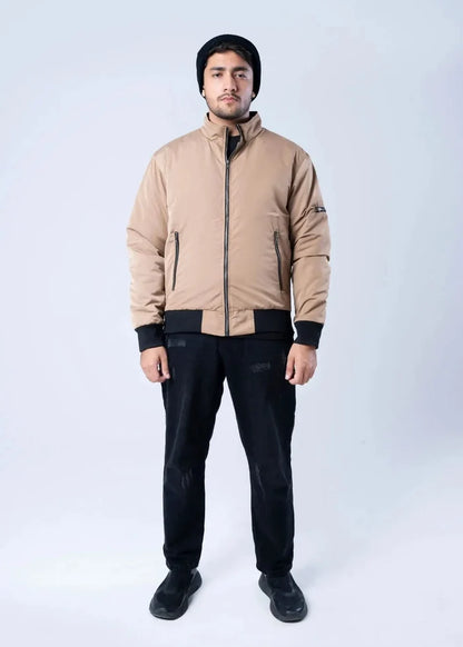 Men's winter memory jacket in khaki with full front zip and black ribbed hem.