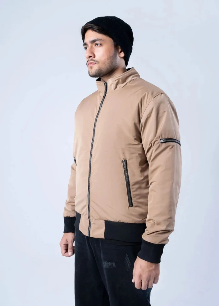 Men's winter memory jacket, khaki with side zip pocket and black cuff trim.