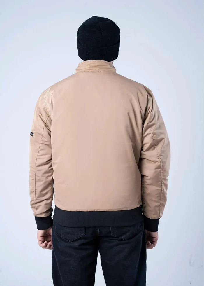 Men's winter memory jacket, khaki with black ribbed cuffs and back view.