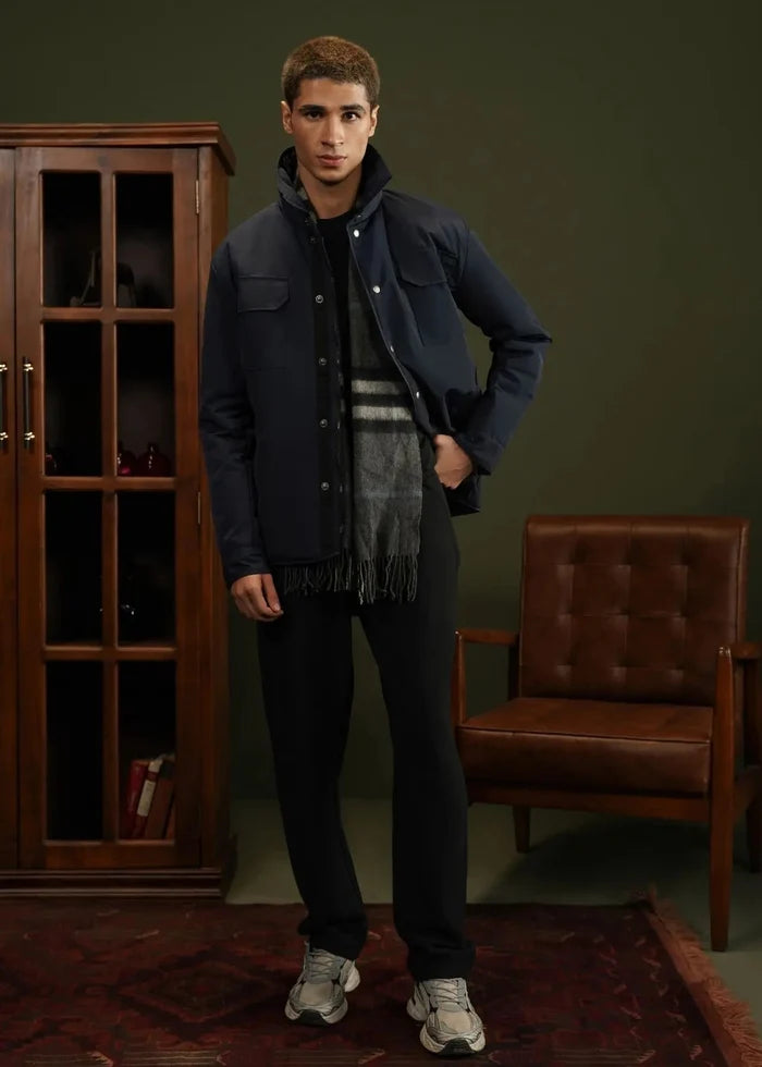 Men's navy memory jacket with hood, snap front, and two side pockets.