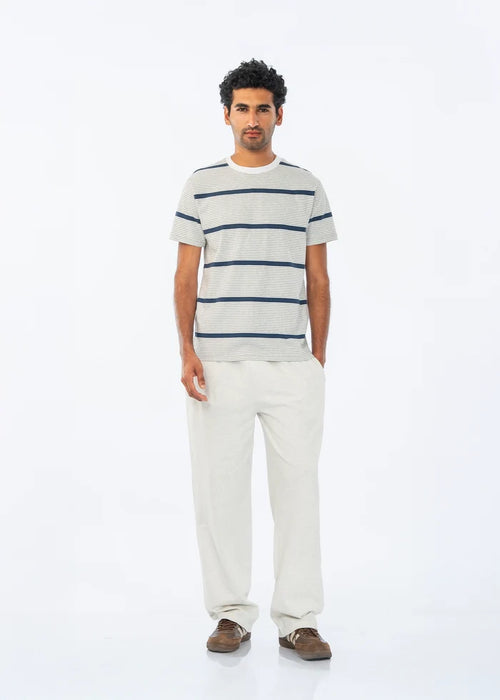 Men's summer night suit: blue-striped crew T-shirt and light straight-leg pants.