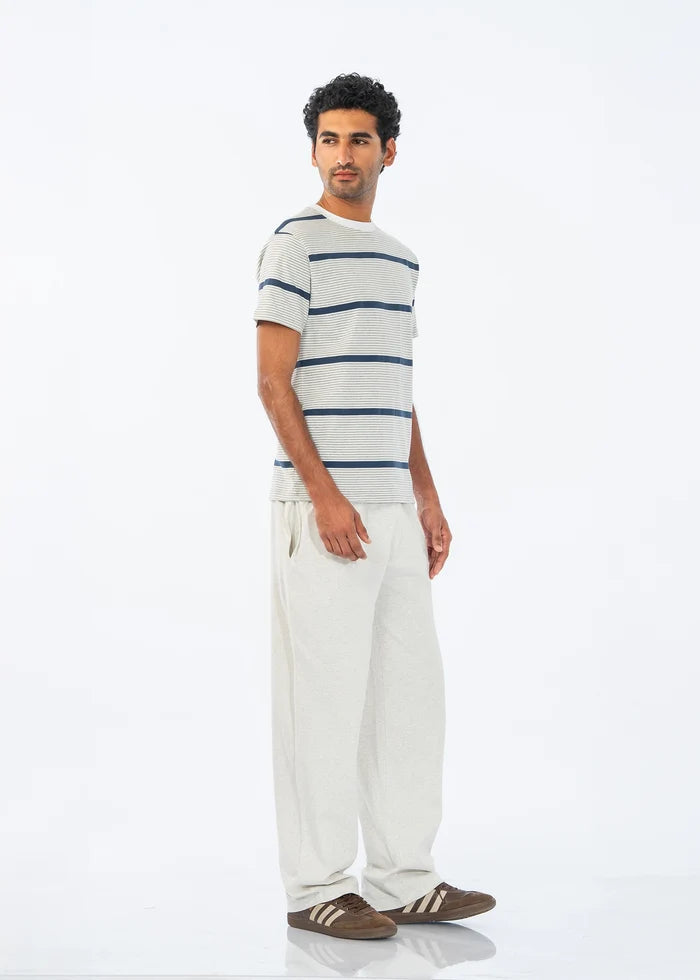 Men's summer night suit: blue-striped crew T-shirt with light lounge pants.