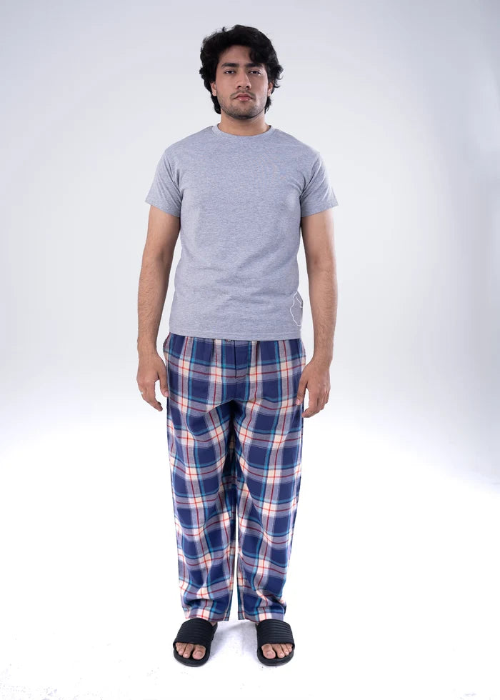 Men's grey melange T-shirt and blue-red plaid night pants set