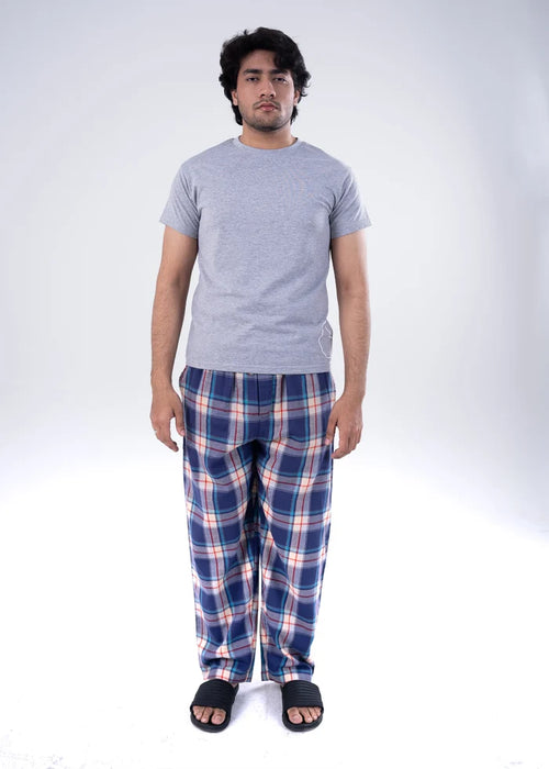 Men's grey melange T-shirt and blue-red plaid night pants set