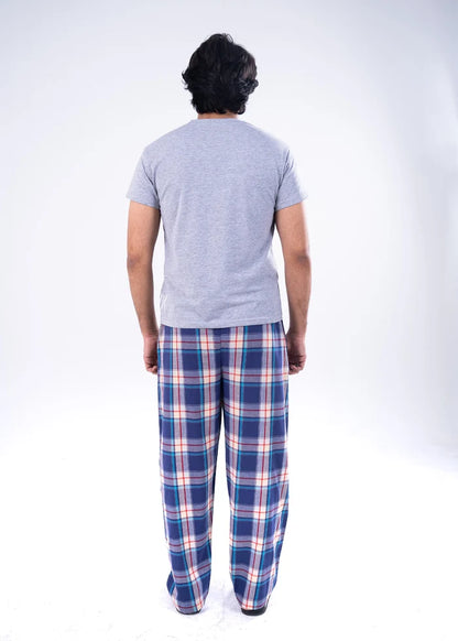 Men's grey melange T-shirt and back view blue-red plaid night pants