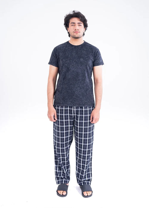 Men's winter night suit: heathered dark T-shirt with short sleeves, plaid lounge pants
