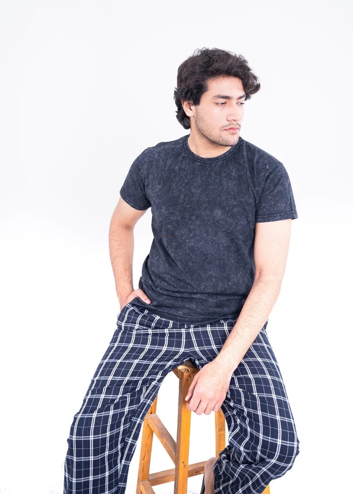 Men's winter night suit: dark heather crewneck top and navy plaid lounge pants