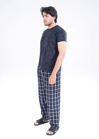 Men's winter night suit: side view of dark heather short-sleeve shirt and plaid pants